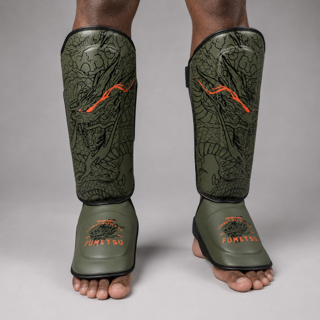 Fumetsu Dragon Slayer Shin Guards Khaki/Orange at Bytomic Trade & Wholesale 1