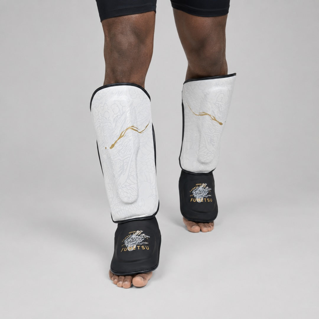 Fumetsu Dragon Slayer Shin Guards White/Black/Gold at Bytomic Trade & Wholesale 2