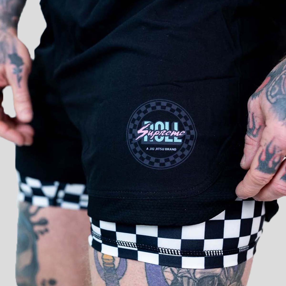 Roll Supreme The Finisher 2 in 1 Jiu Jitsu Shorts Black/White at Bytomic Trade and Wholesale
