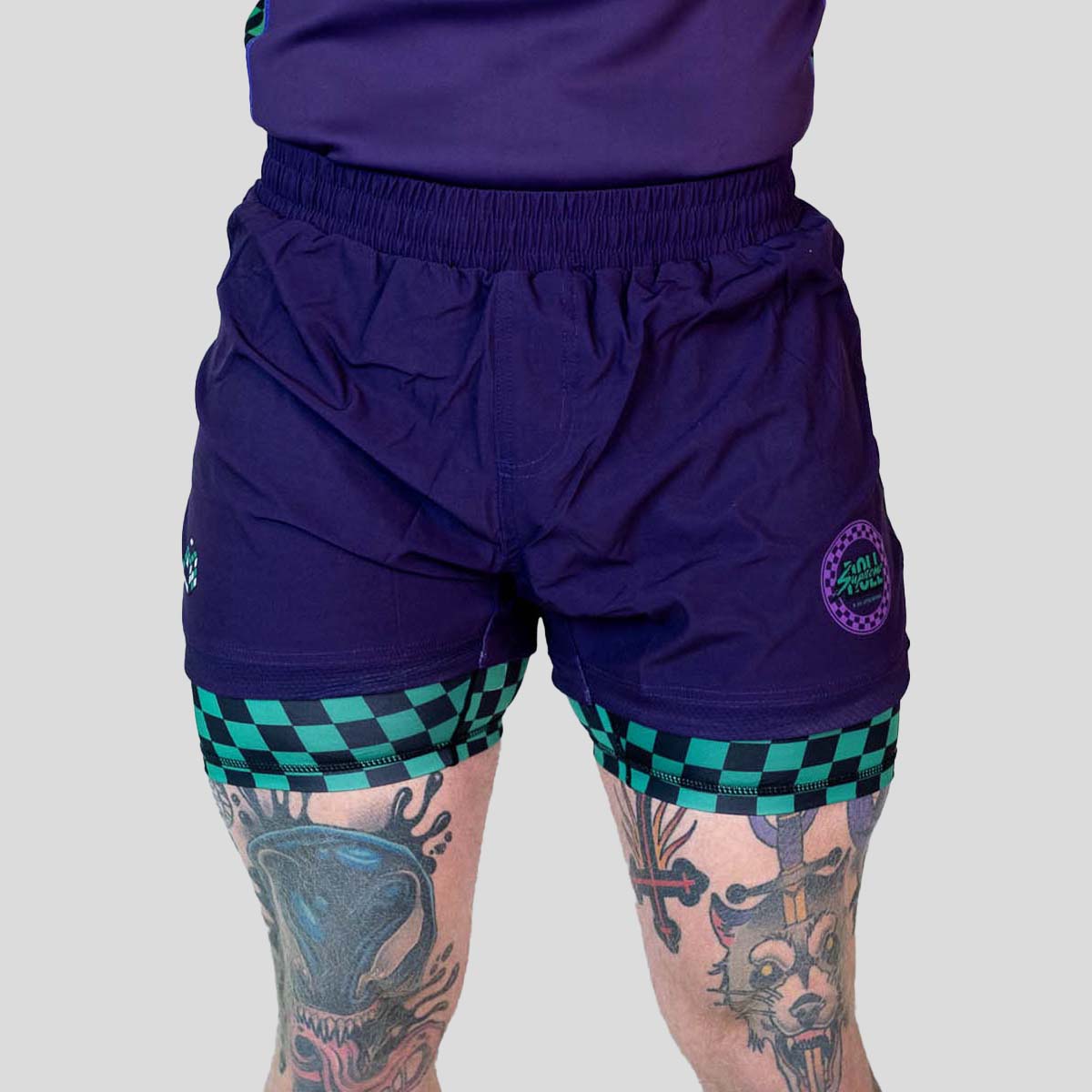 Roll Supreme The Finisher 2 in 1 Jiu Jitsu Shorts Purple/Green at Bytomic Trade and Wholesale