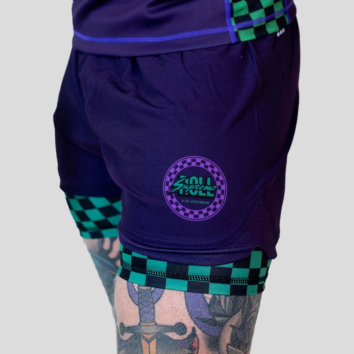 Roll Supreme The Finisher 2 in 1 Jiu Jitsu Shorts Purple/Green at Bytomic Trade and Wholesale