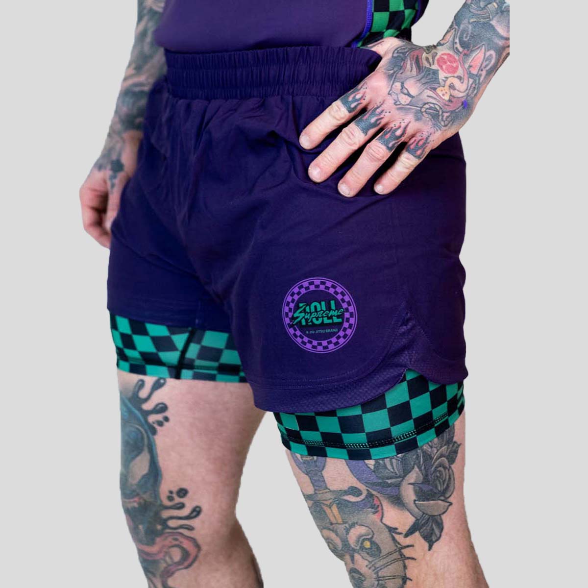 Roll Supreme The Finisher 2 in 1 Jiu Jitsu Shorts Purple/Green at Bytomic Trade and Wholesale