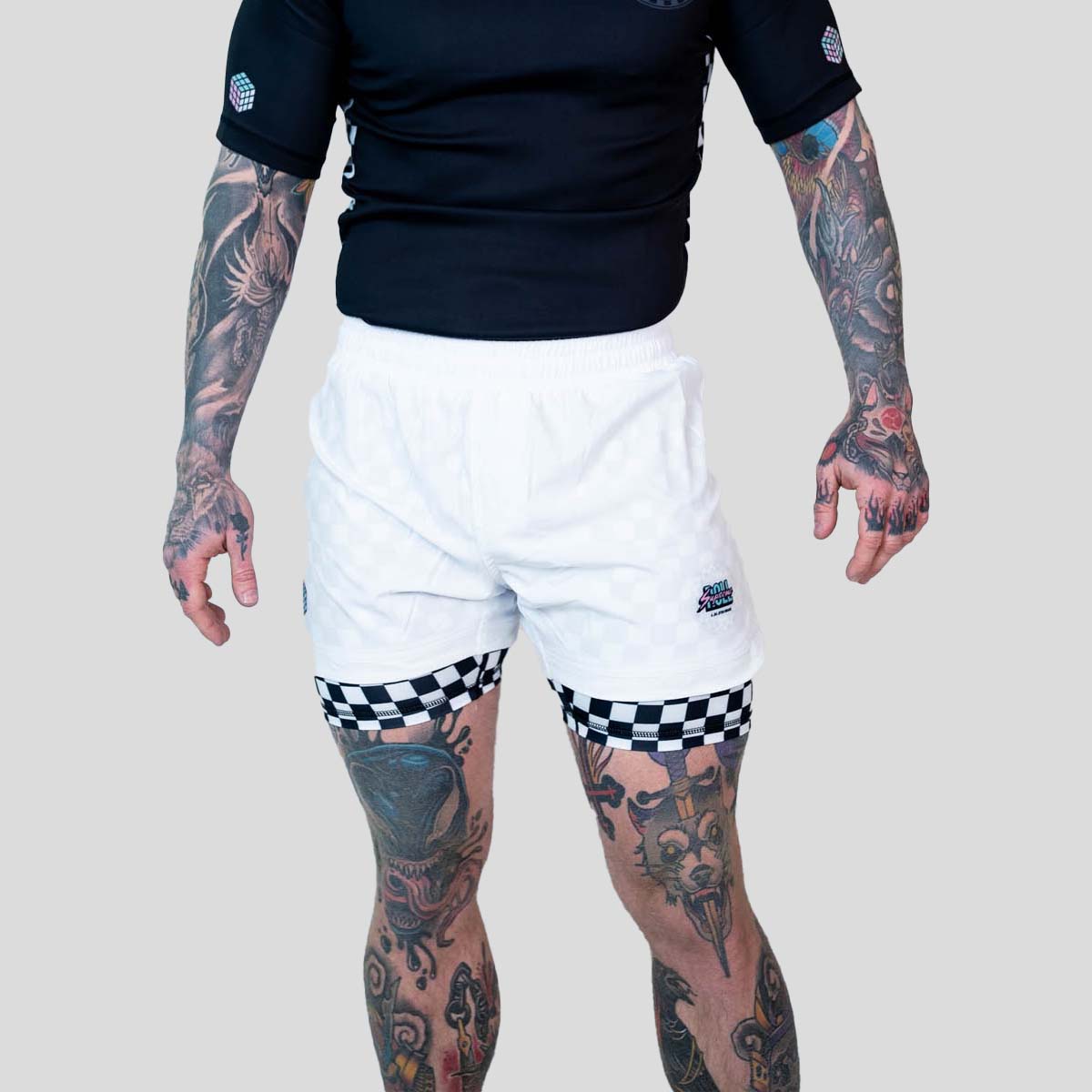 Roll Supreme The Finisher 2 in 1 Jiu Jitsu Shorts White/Black at Bytomic Trade and Wholesale