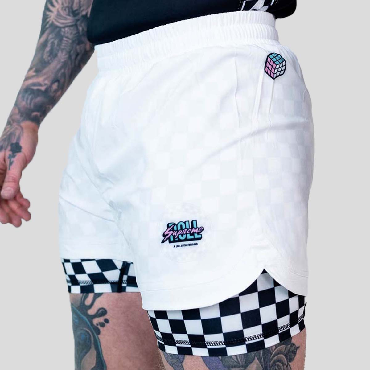 Roll Supreme The Finisher 2 in 1 Jiu Jitsu Shorts White/Black at Bytomic Trade and Wholesale