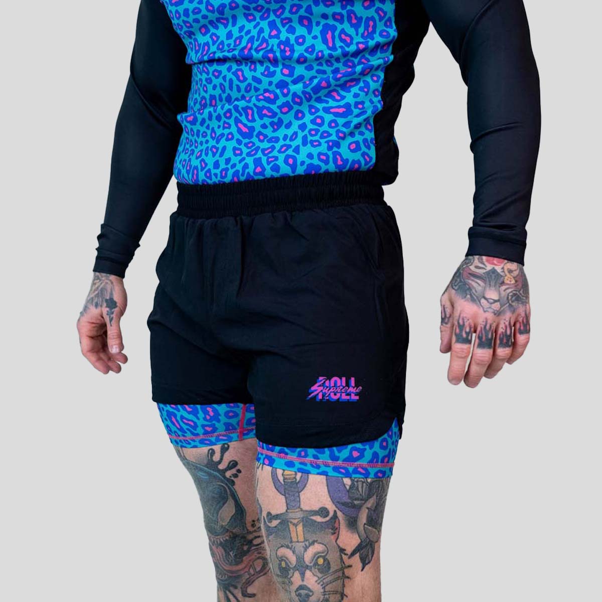 Roll Supreme The Butcher 2 in 1 Jiu Jitsu Shorts Blue/Pink at Bytomic Trade and Wholesale
