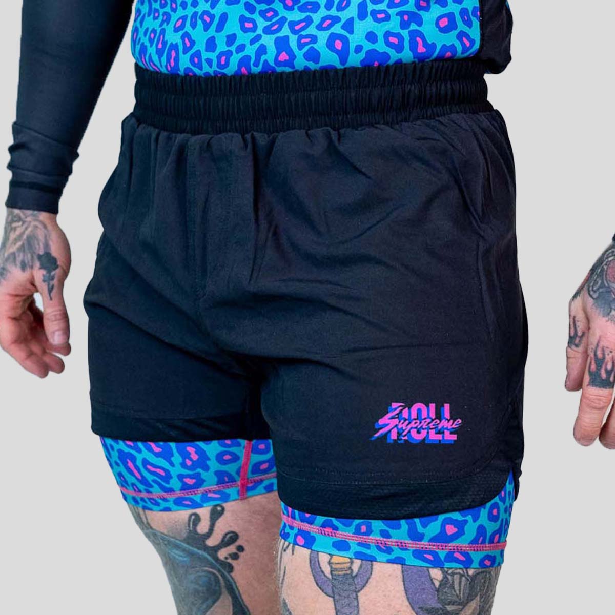 Roll Supreme The Butcher 2 in 1 Jiu Jitsu Shorts Blue/Pink at Bytomic Trade and Wholesale