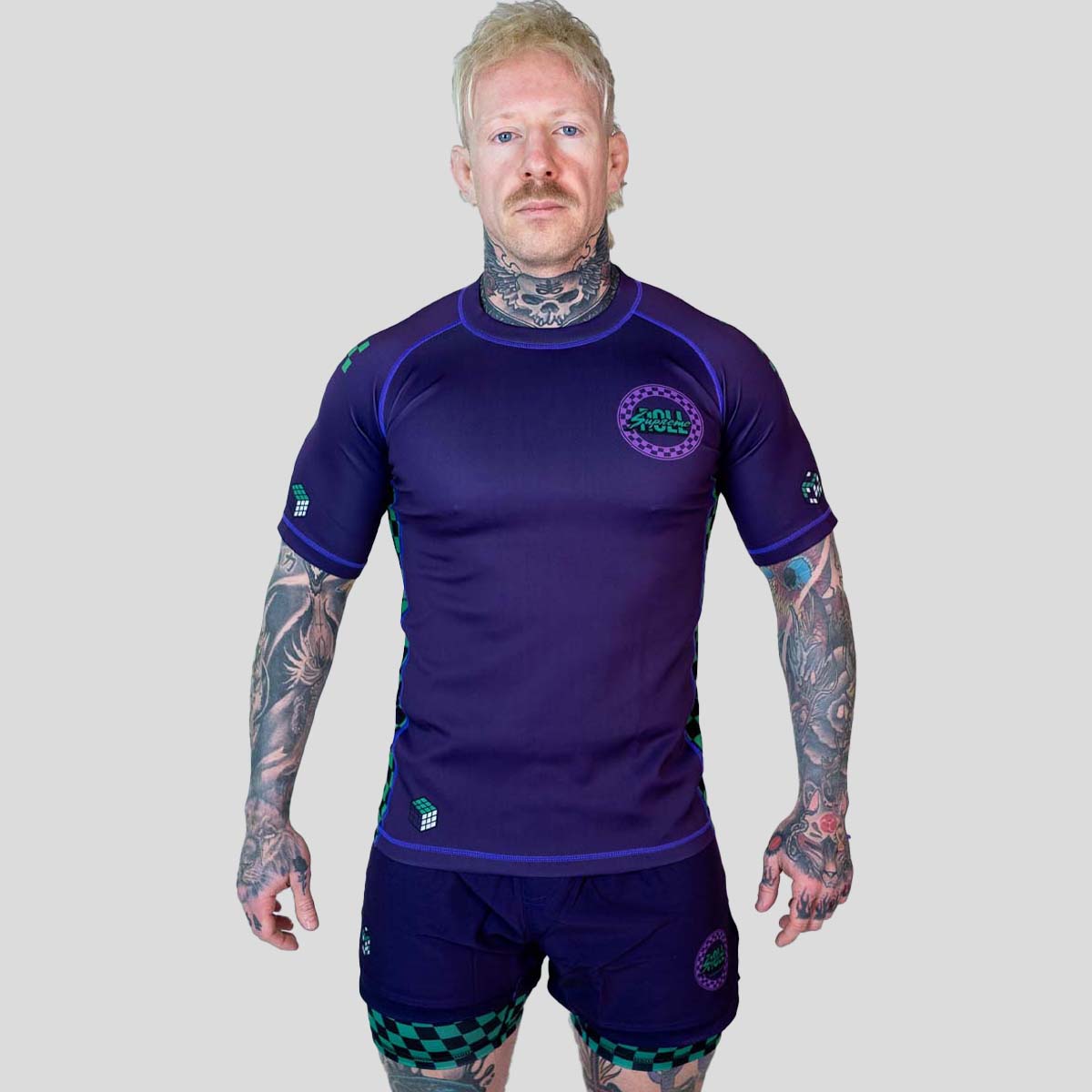 Roll Supreme The Finisher Short Sleeve Rash Guard Purple/Green at Bytomic Trade and Wholesale