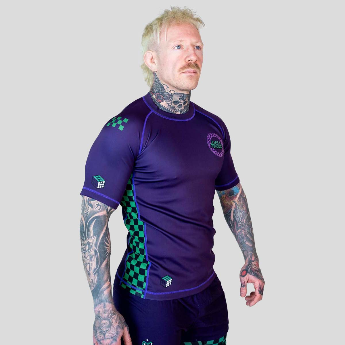 Roll Supreme The Finisher Short Sleeve Rash Guard Purple/Green at Bytomic Trade and Wholesale