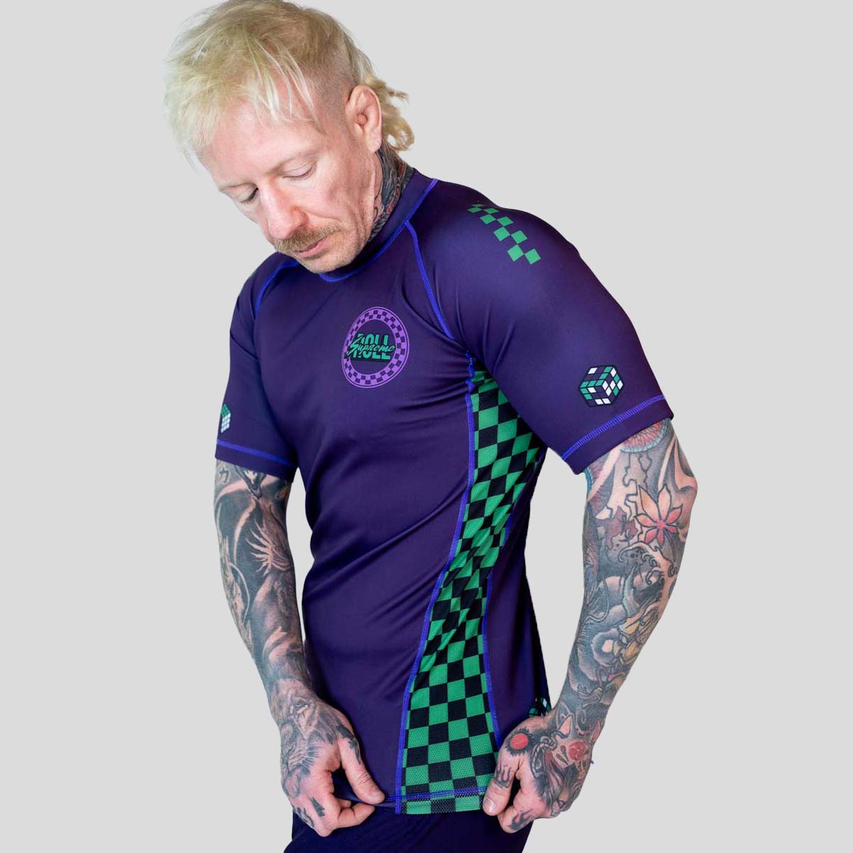 Roll Supreme The Finisher Short Sleeve Rash Guard Purple/Green at Bytomic Trade and Wholesale