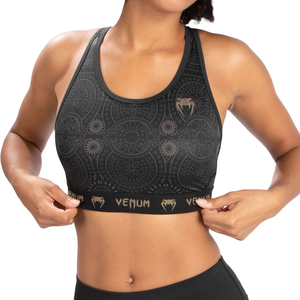 Black/Brown Venum Women Santa Muerte Dark Side Sports Bra    at Bytomic Trade and Wholesale