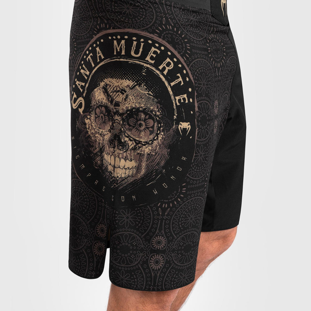 Black/Brown Venum Santa Muerte Dark Side Fight Shorts at Bytomic Trade and Wholesale