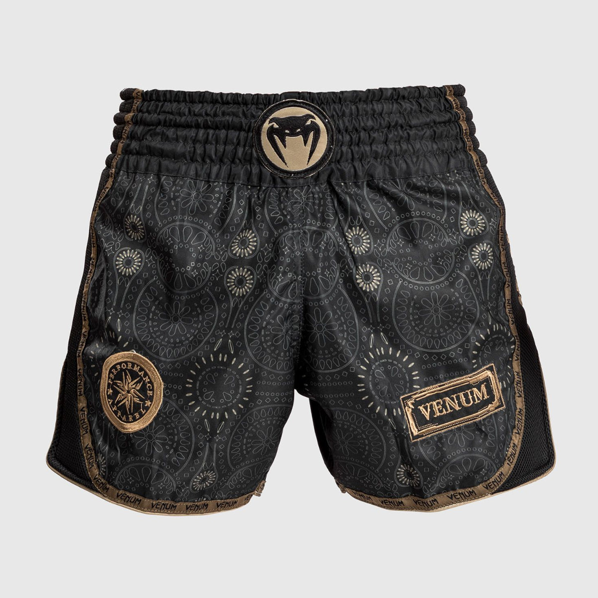 Black/Brown Venum Santa Muerte Dark Side Muay Thai Shorts at Bytomic Trade and Wholesale
