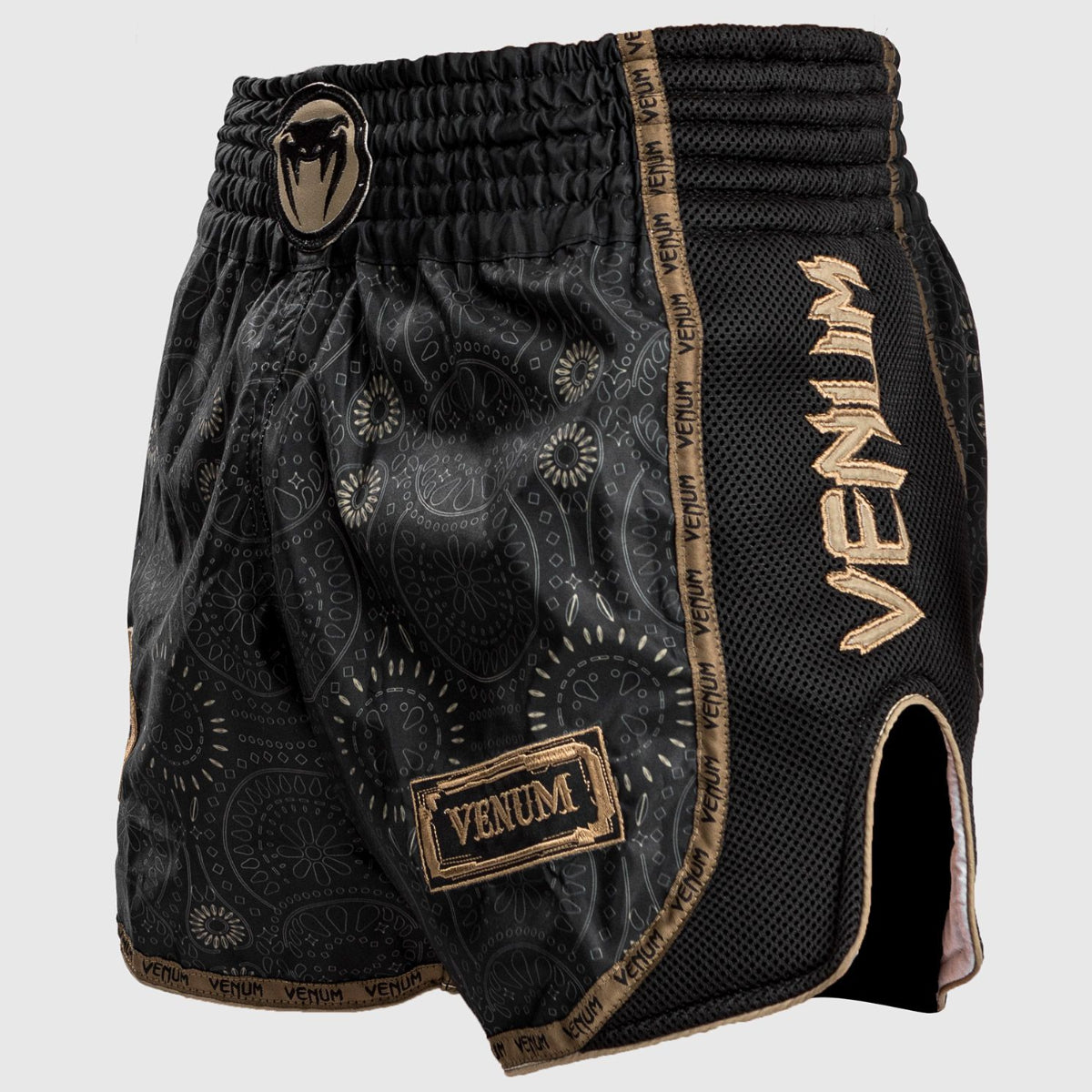 Black/Brown Venum Santa Muerte Dark Side Muay Thai Shorts at Bytomic Trade and Wholesale