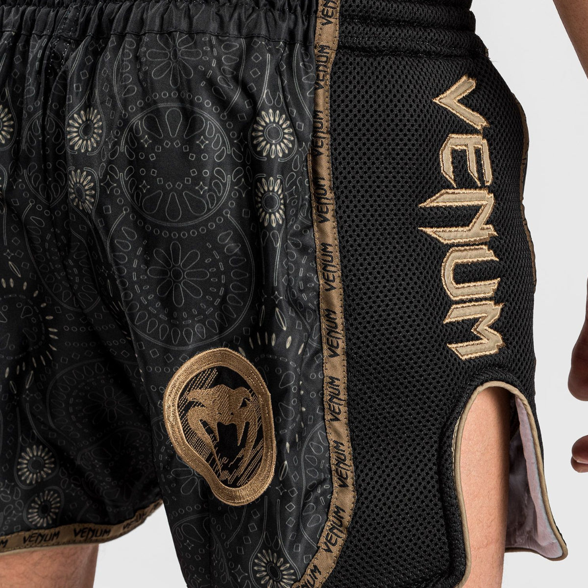 Black/Brown Venum Santa Muerte Dark Side Muay Thai Shorts at Bytomic Trade and Wholesale