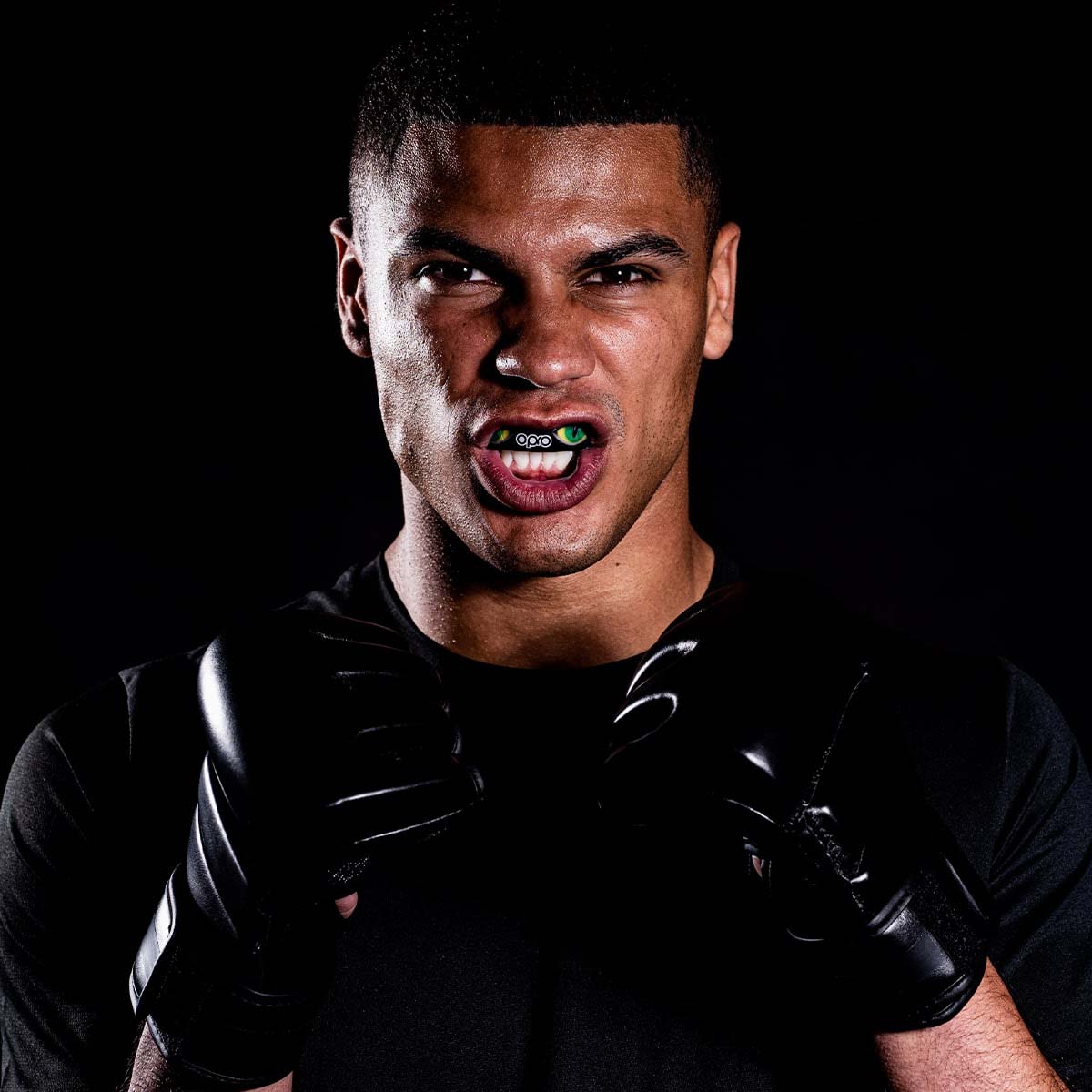 Black/Green/Gold Opro Instant Custom-Fit Eyes Mouth Guard at Bytomic Trade and Wholesale