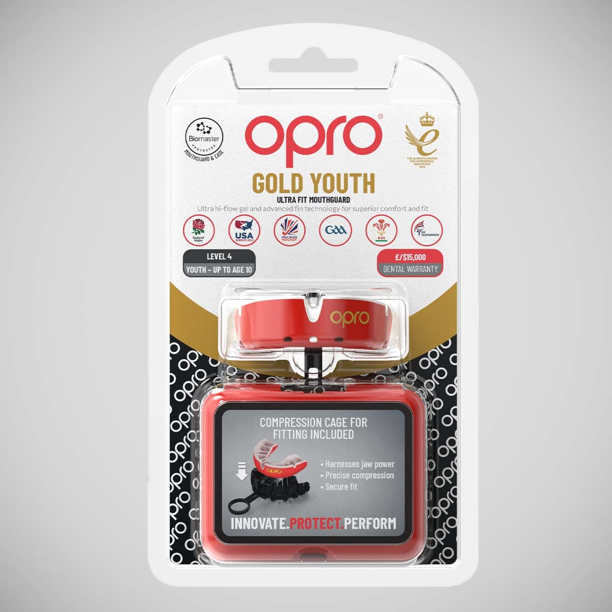 Red/Pearl Opro Junior Gold Self-Fit Mouth Guard at Bytomic Trade and Wholesale