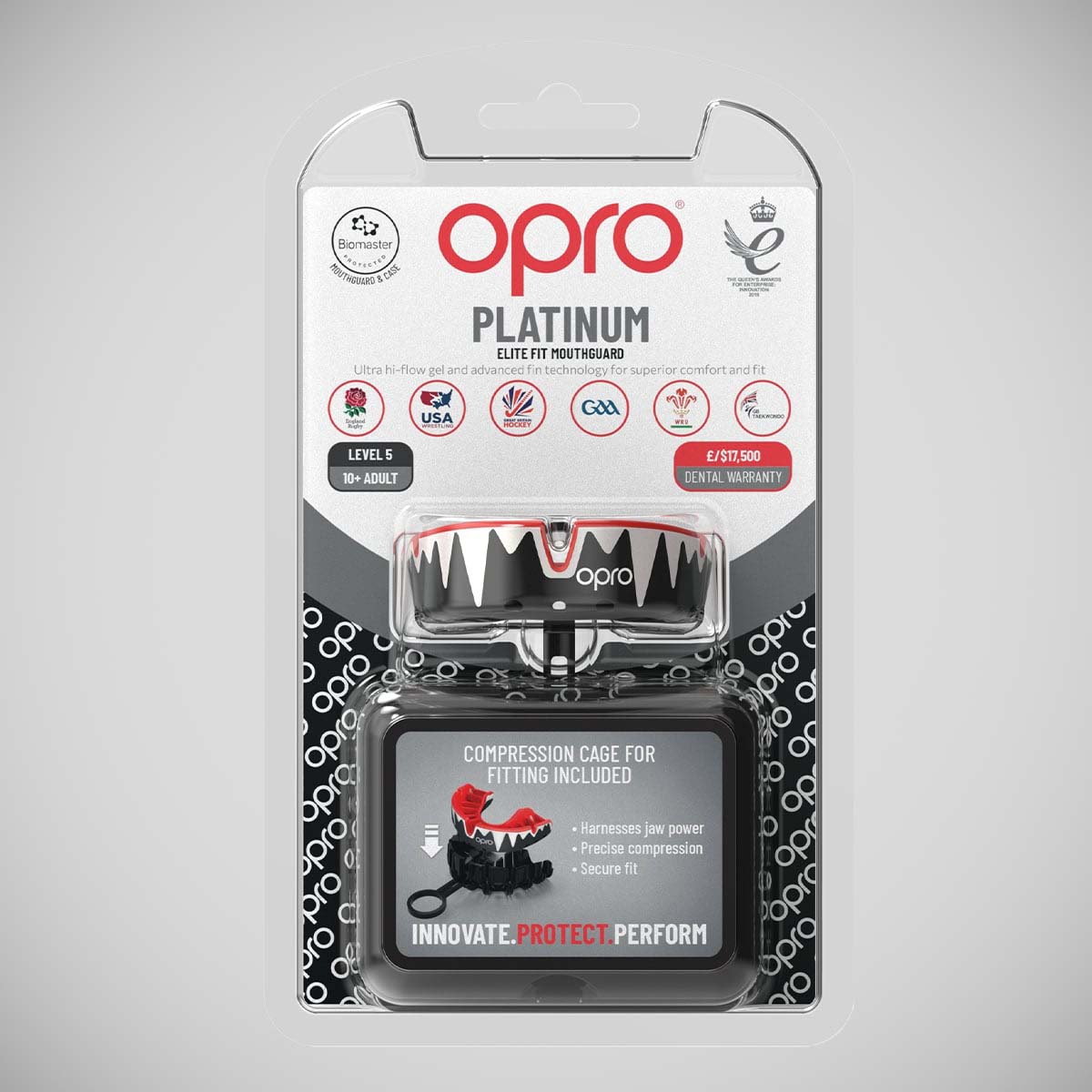 Black/White/Red Opro Platinum Fangz Self-Fit Mouth Guard at Bytomic Trade and Wholesale