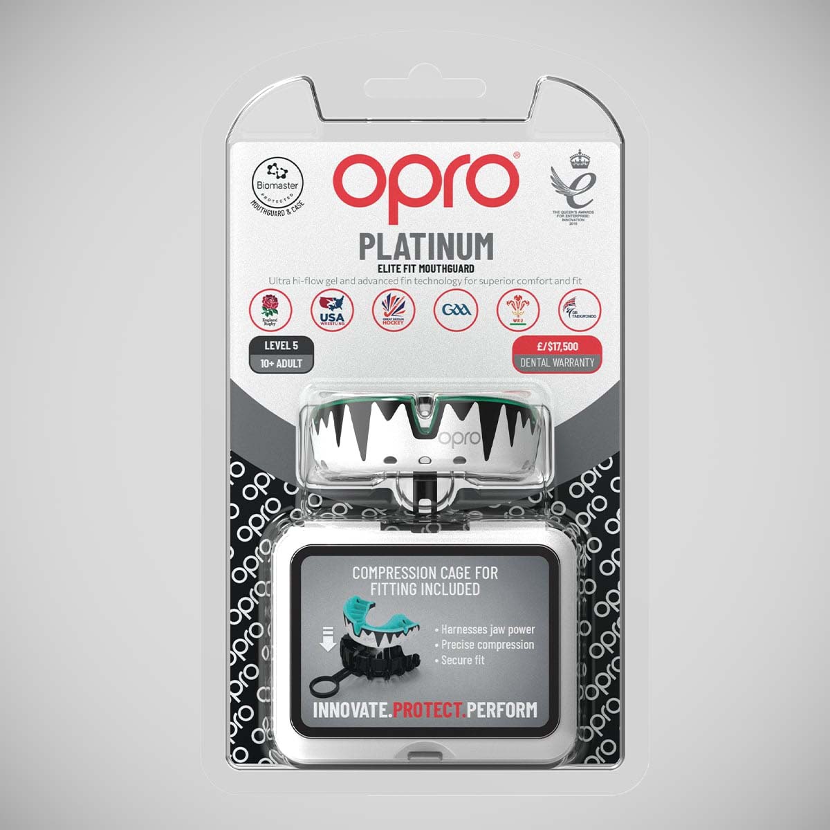 White/Black/Mint Opro Platinum Fangz Self-Fit Mouth Guard at Bytomic Trade and Wholesale