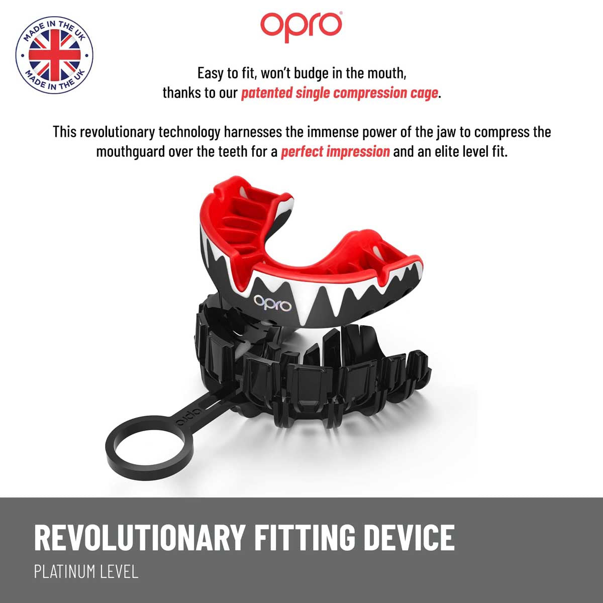 Black/White/Red Opro Platinum Fangz Self-Fit Mouth Guard at Bytomic Trade and Wholesale