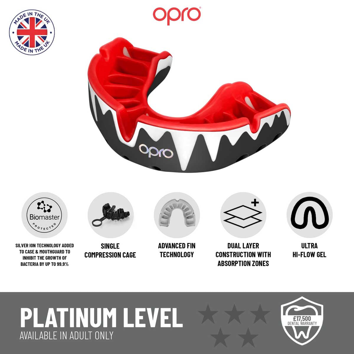 Black/White/Red Opro Platinum Fangz Self-Fit Mouth Guard at Bytomic Trade and Wholesale