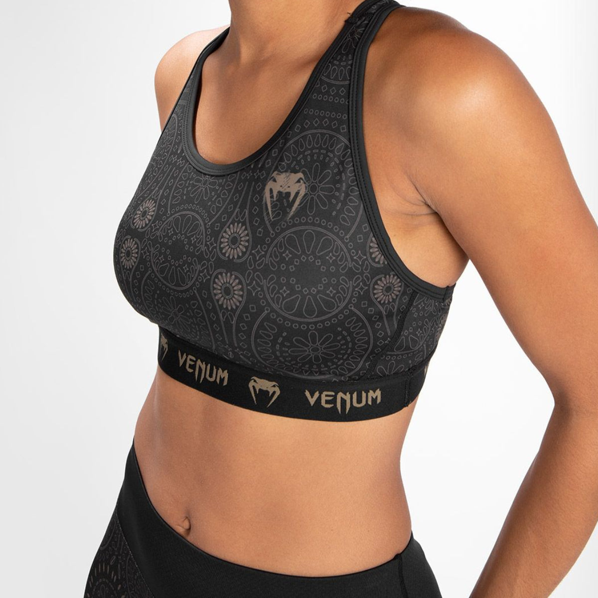 Black/Brown Venum Women Santa Muerte Dark Side Sports Bra    at Bytomic Trade and Wholesale