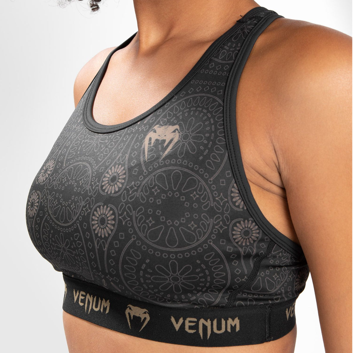 Black/Brown Venum Women Santa Muerte Dark Side Sports Bra    at Bytomic Trade and Wholesale