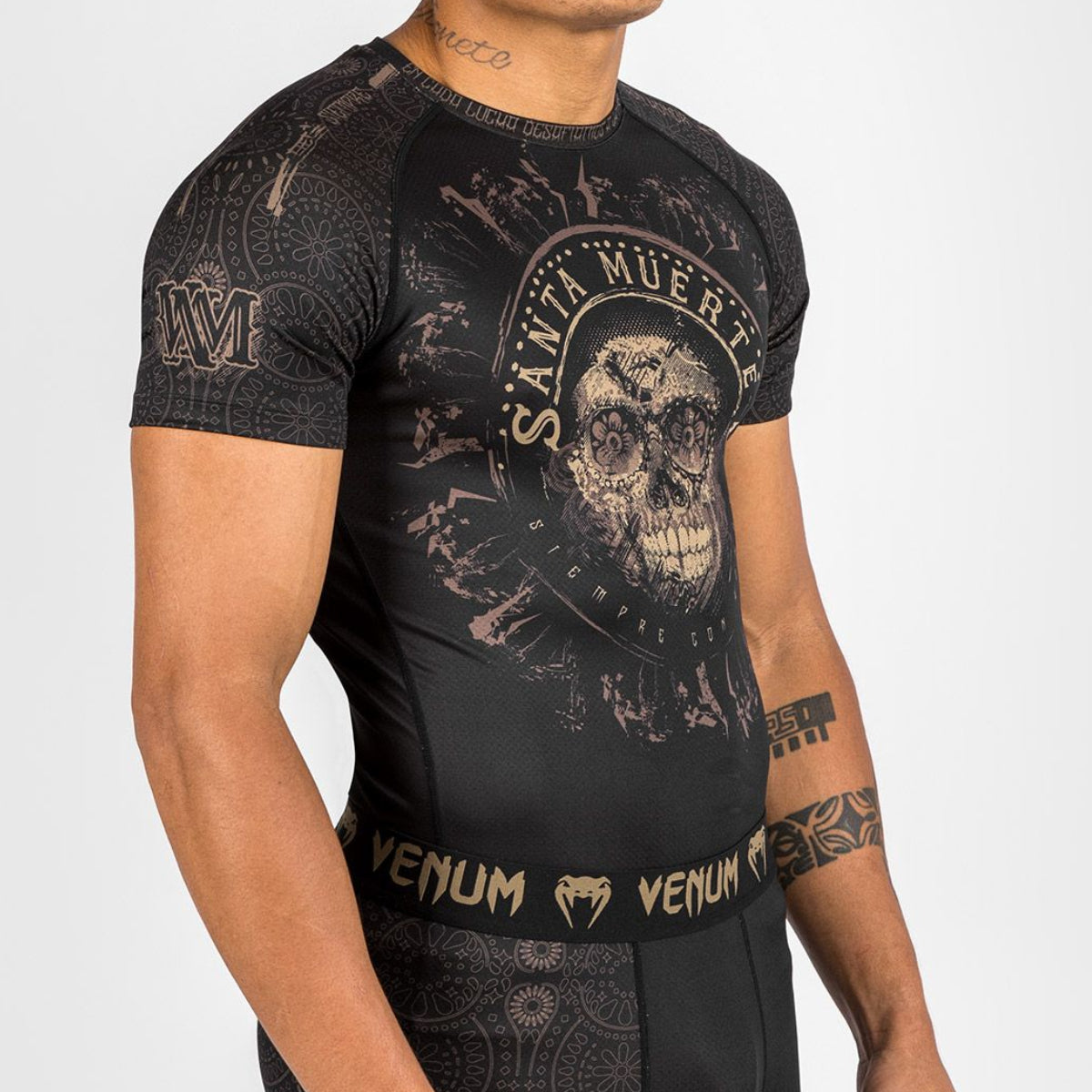 Black/Brown Venum Santa Muerte Dark Side Short Sleeve Rash Guard at Bytomic Trade and Wholesale