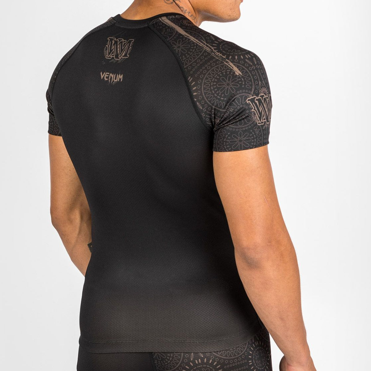 Black/Brown Venum Santa Muerte Dark Side Short Sleeve Rash Guard at Bytomic Trade and Wholesale