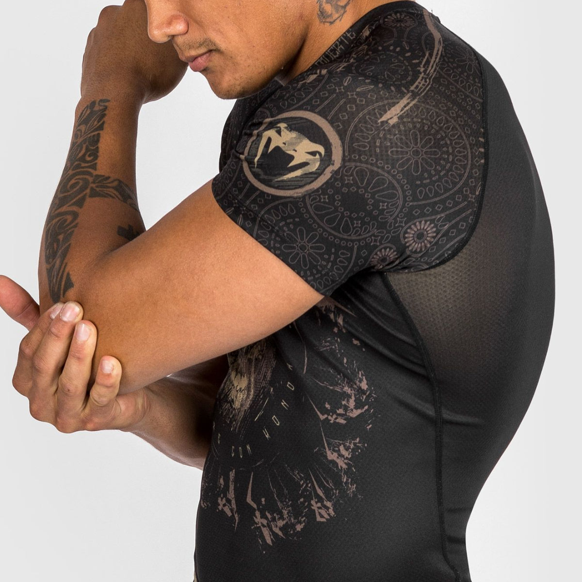 Black/Brown Venum Santa Muerte Dark Side Short Sleeve Rash Guard at Bytomic Trade and Wholesale