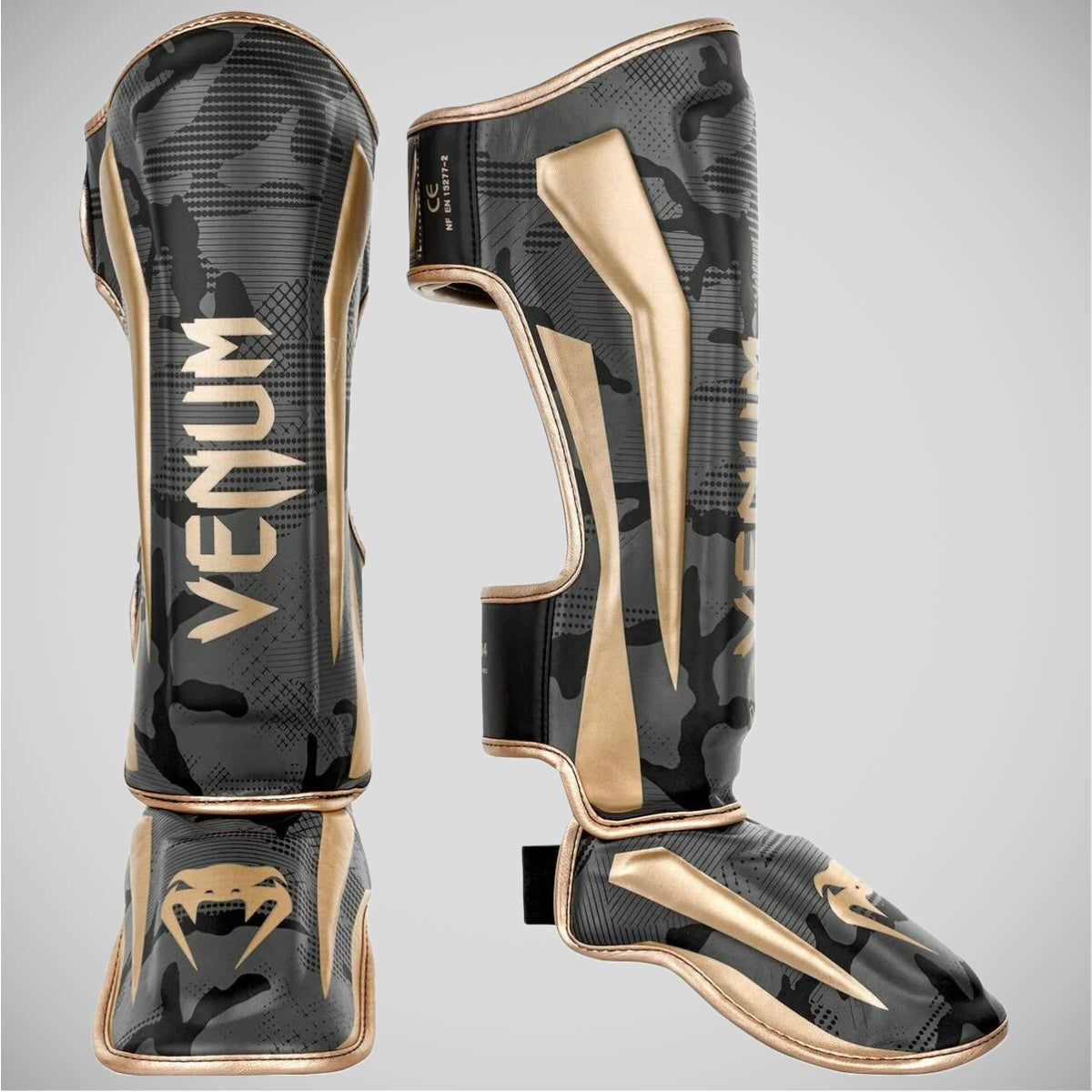Dark Camo/Gold Venum Elite Shin Guards at Bytomic Trade and Wholesale
