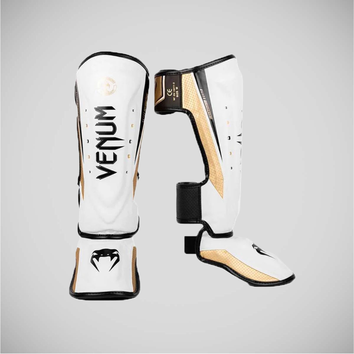 White Venum Elite Evo Shinguards at Bytomic Trade and Wholesale