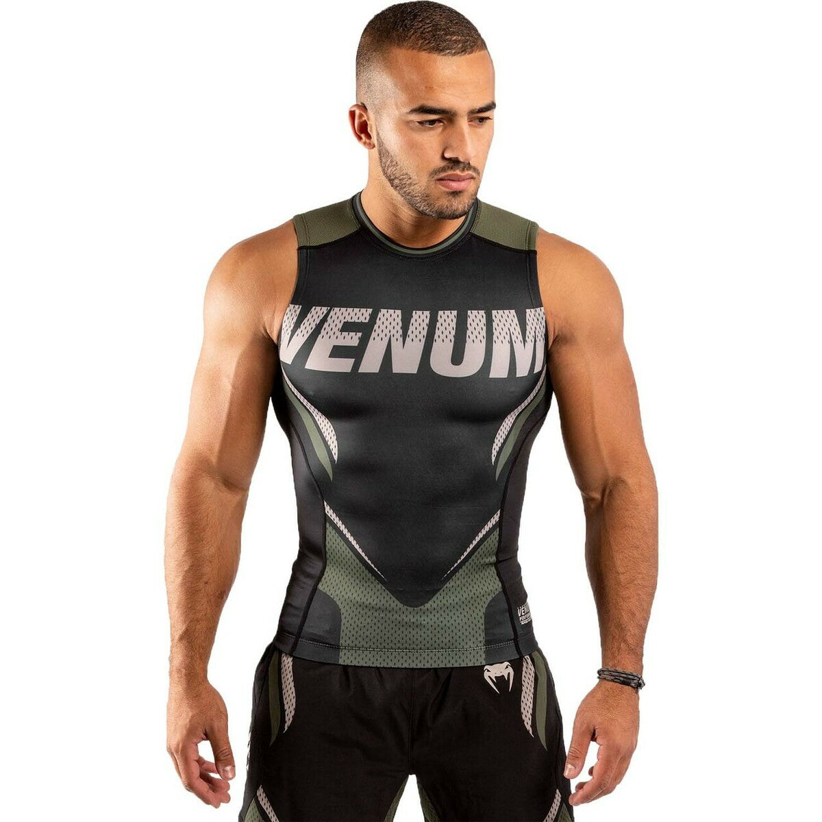 Venum One FC Impact Sleeveless Rash Guard Black/Khaki Small at Bytomic Trade and Wholesale