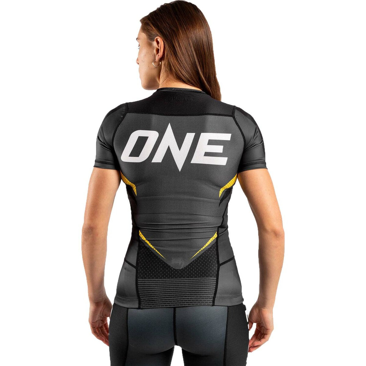 Grey-Yellow Venum Womens One FC Impact Short Sleeve Rash Guard at Bytomic Trade and Wholesale