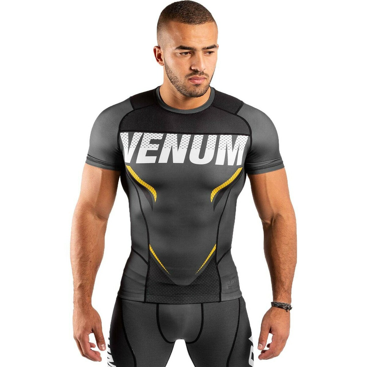 Venum One FC Impact Short Sleeve Rash Guard Grey/Yellow Small at Bytomic Trade and Wholesale