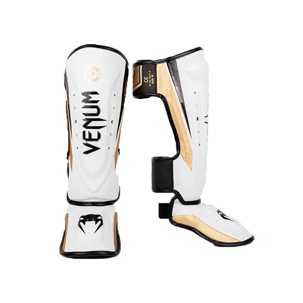 White Venum Elite Evo Shinguards at Bytomic Trade and Wholesale