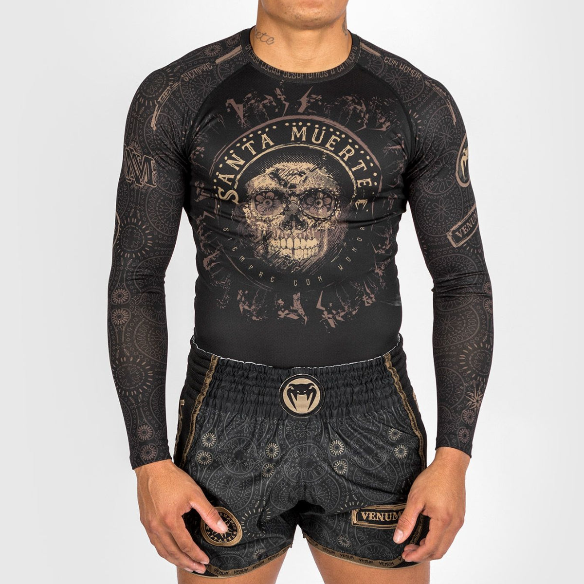 Black/Brown Venum Santa Muerte Dark Side Long Sleeve Rash Guard at Bytomic Trade and Wholesale