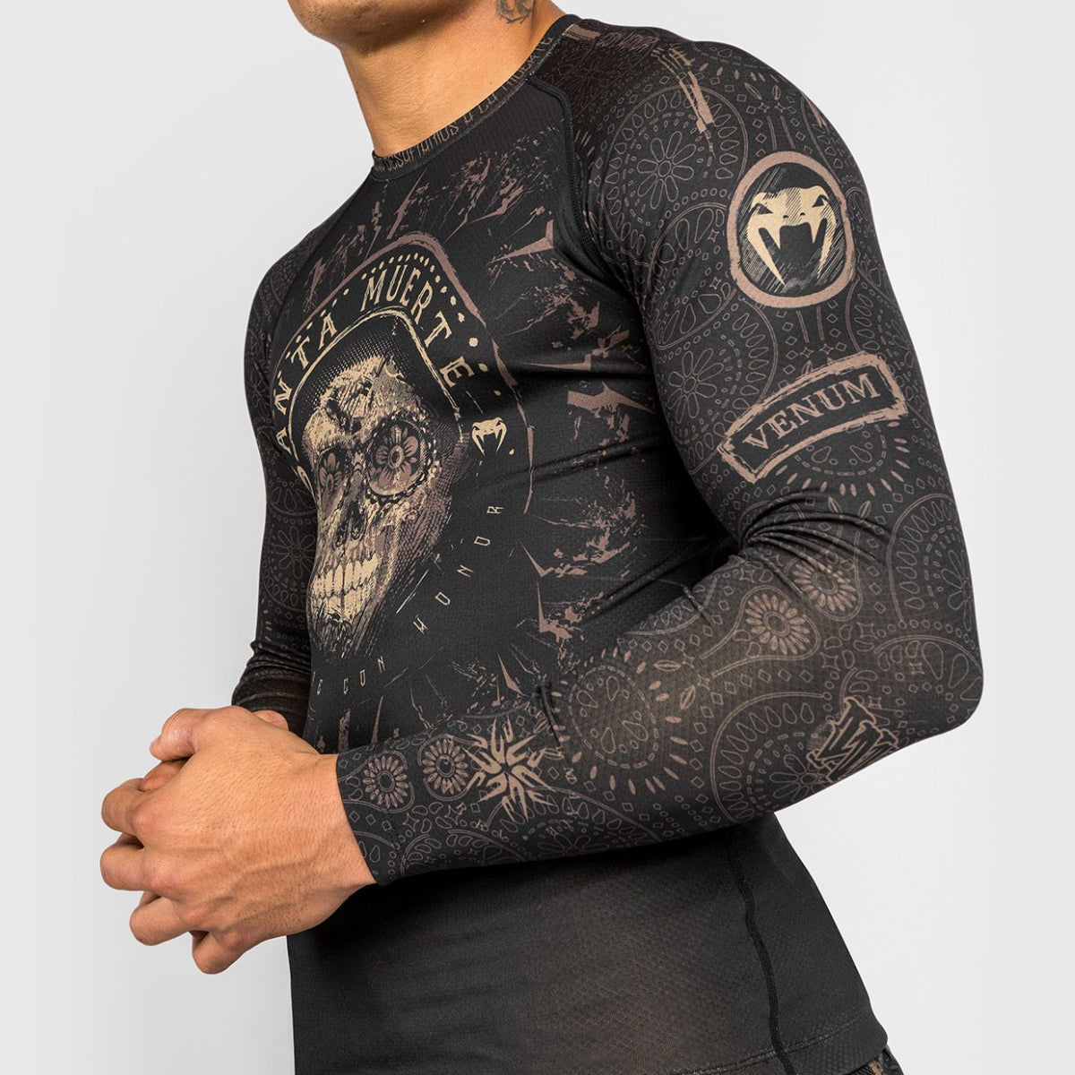 Black/Brown Venum Santa Muerte Dark Side Long Sleeve Rash Guard at Bytomic Trade and Wholesale
