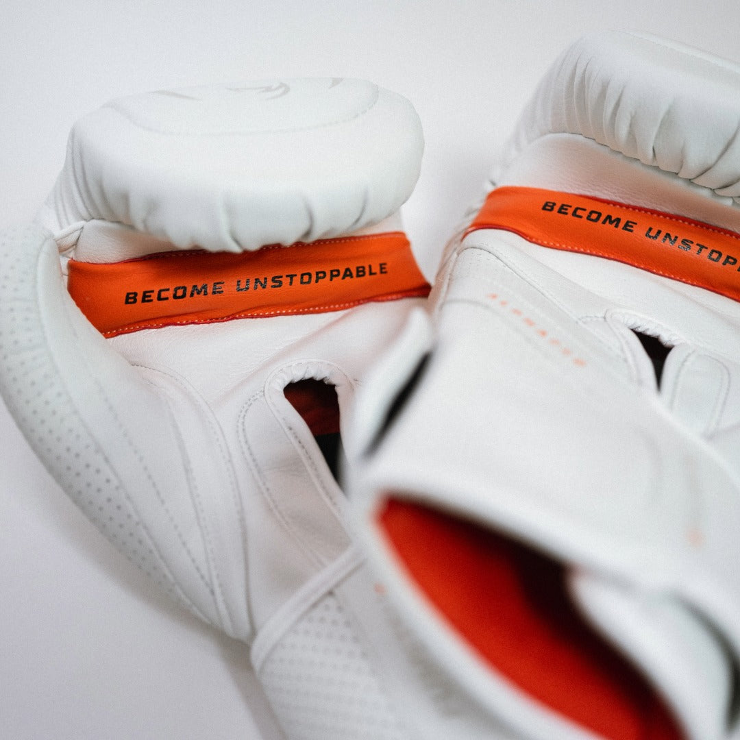 Alpha Pro MK2 Boxing Gloves White Photoshoot close up
