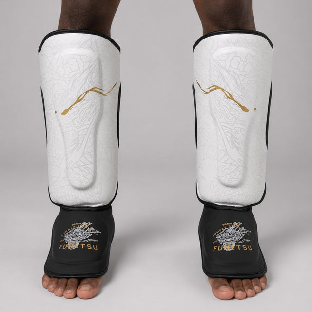 Fumetsu Dragon Slayer Shin Guards White/Black/Gold at Bytomic Trade & Wholesale 1