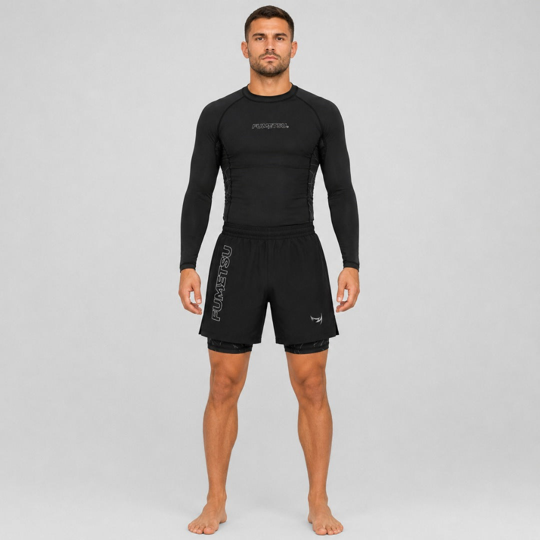 Icon Dual Layer Fight Shorts Black with Rash Guard Lifestyle