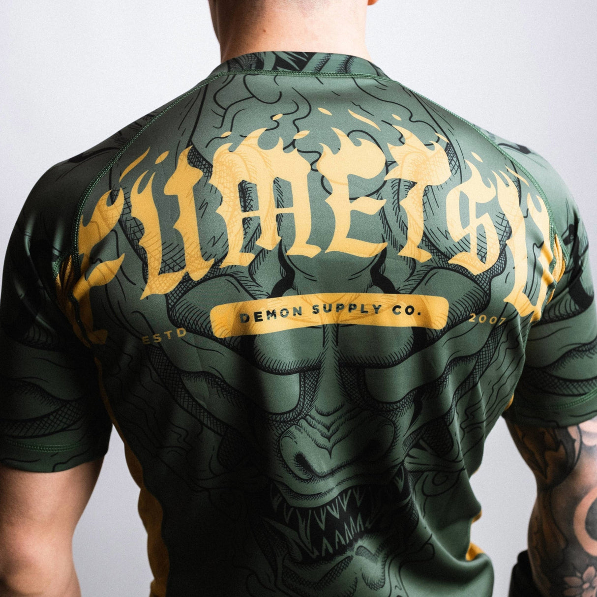 Fumetsu Oni Short Sleeve Rash Guard Khaki/Gold/Black at Bytomic Trade and Wholesale
