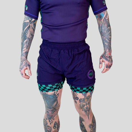Roll Supreme The Finisher 2 in 1 Jiu Jitsu Shorts Purple/Green at Bytomic Trade and Wholesale