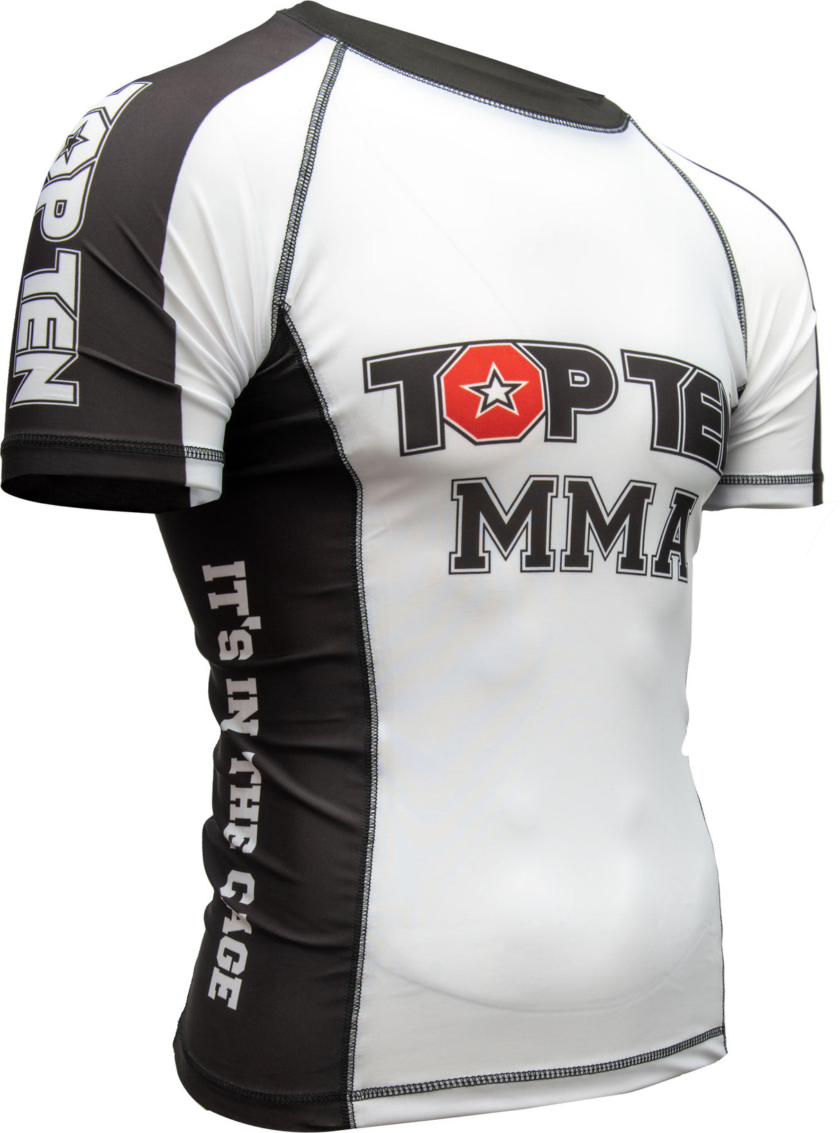 TOP TEN MMA Rash Guard “It´s in the cage” short sleeve whiteblack at Bytomic Trade and Wholesale