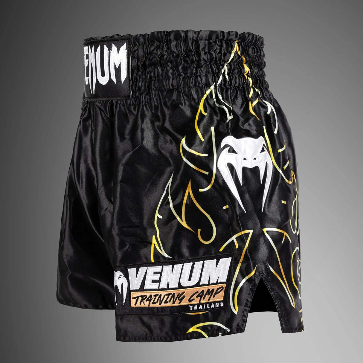 Venum VTC Flames Muay Thai Shorts Black/Gold at Bytomic Trade and Wholesale