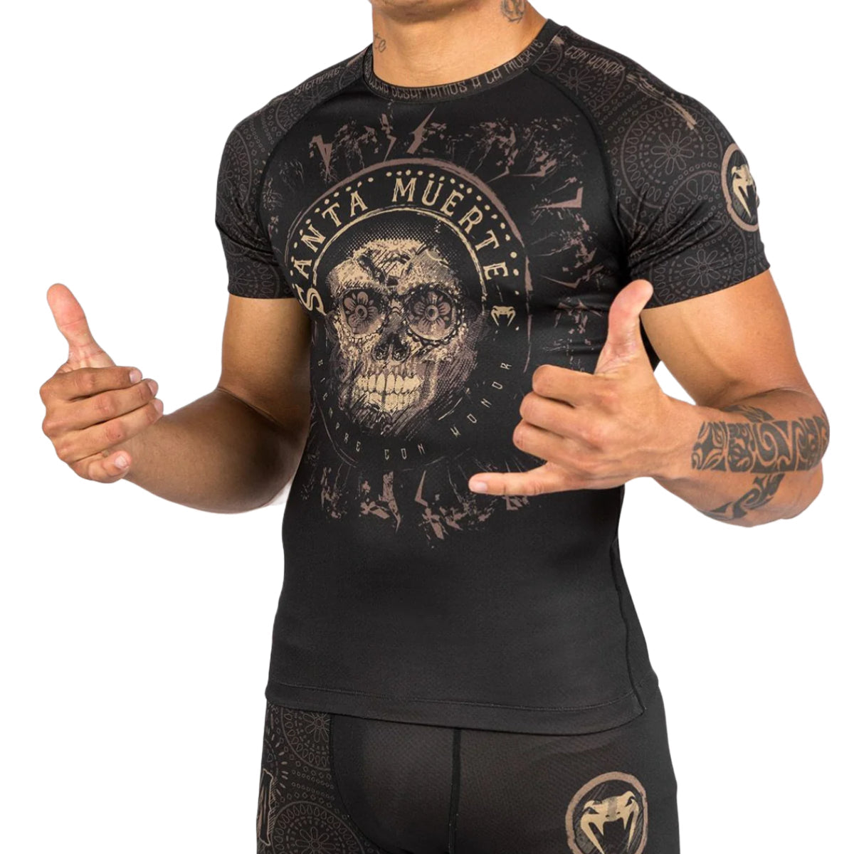 Black/Brown Venum Santa Muerte Dark Side Short Sleeve Rash Guard    at Bytomic Trade and Wholesale