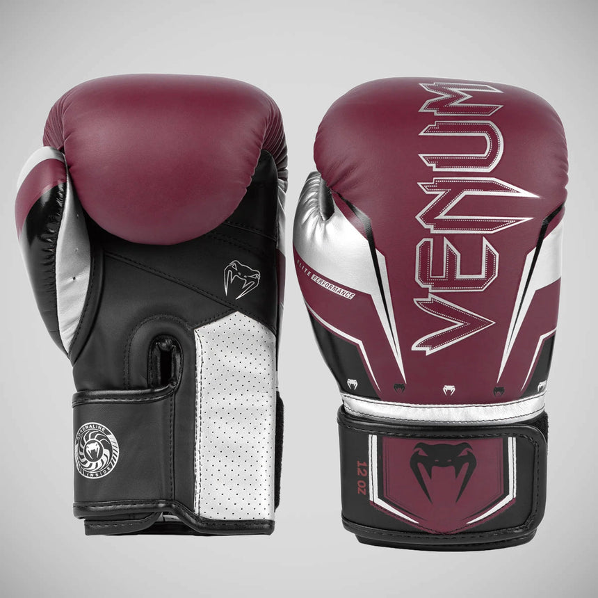 Burgundy/Silver Venum Elite Evo Boxing Gloves    at Bytomic Trade and Wholesale