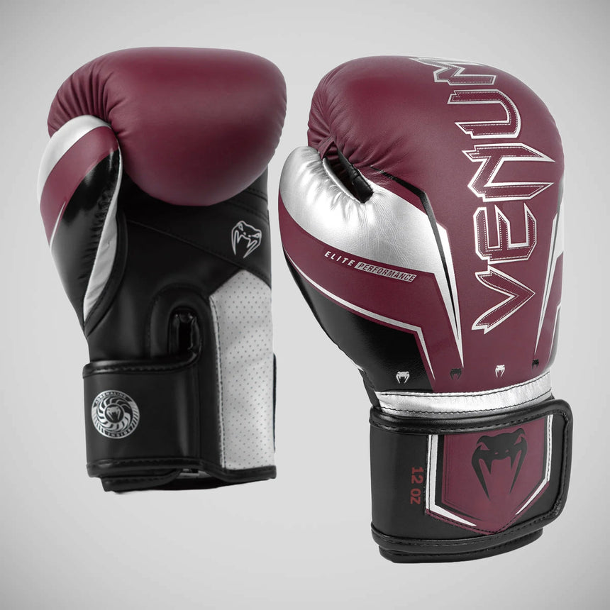 Burgundy/Silver Venum Elite Evo Boxing Gloves    at Bytomic Trade and Wholesale