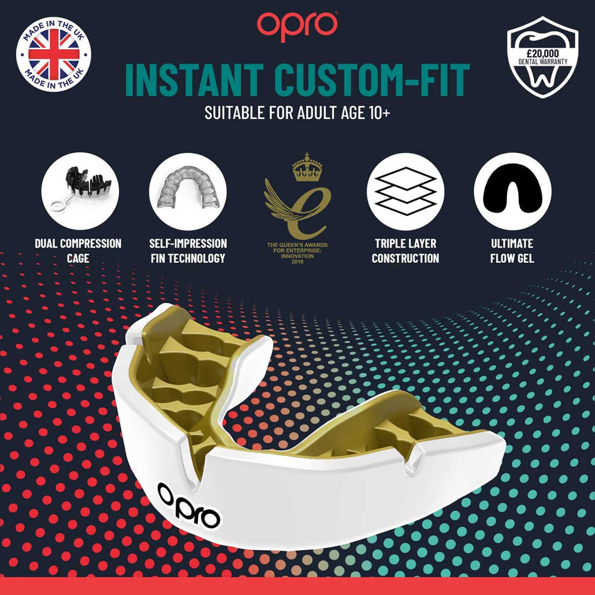 White/Gold Opro Instant Custom-Fit Single Colour Mouth Guard    at Bytomic Trade and Wholesale