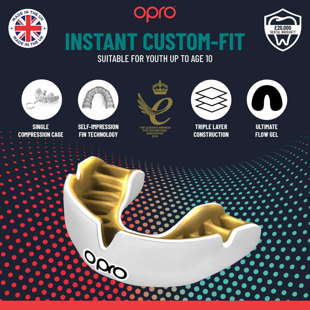 White/Gold Opro Junior Instant Custom-Fit Single Colour Mouth Guard    at Bytomic Trade and Wholesale