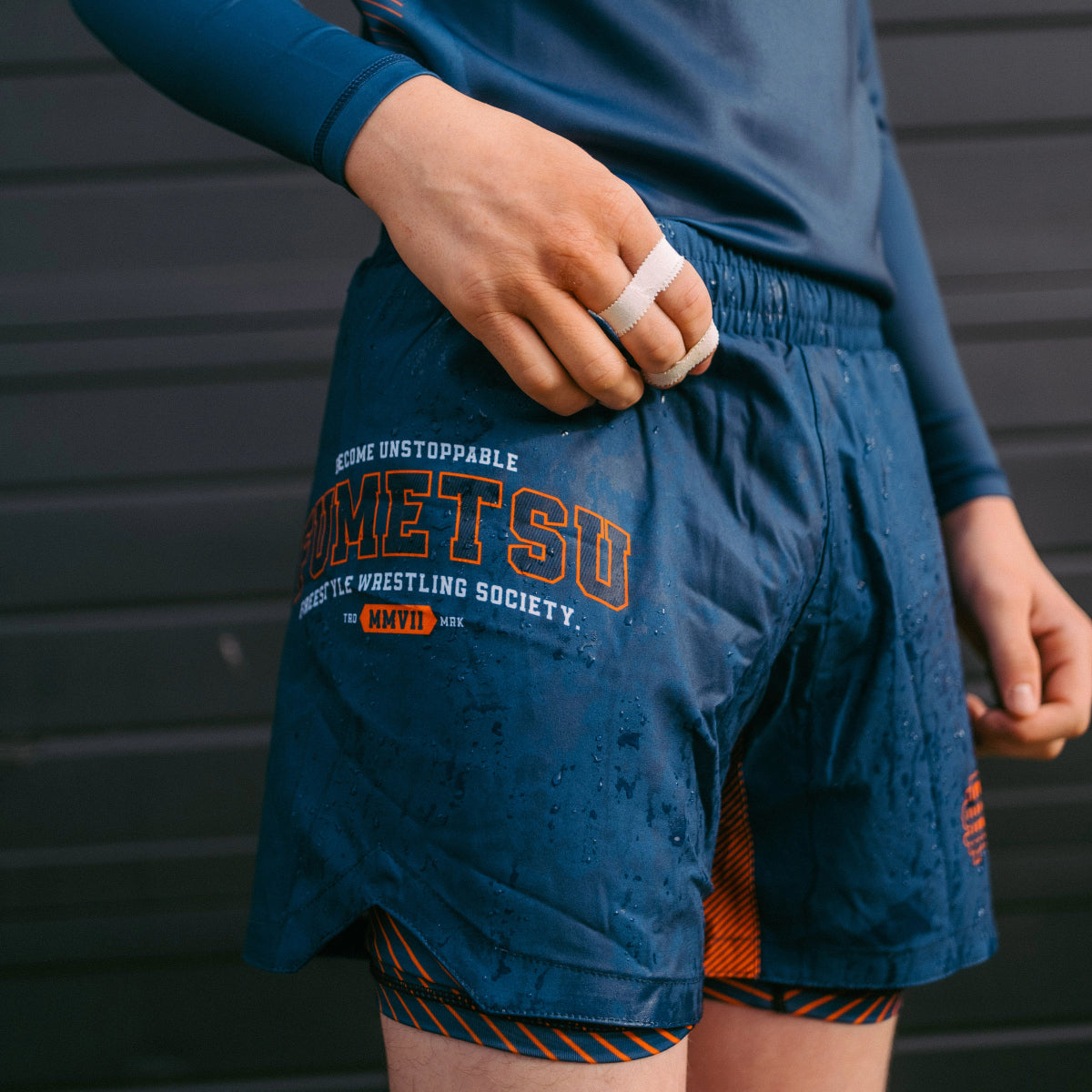 Navy Fumetsu Varsity Dual Layer Fight Shorts    at Bytomic Trade and Wholesale